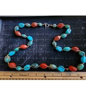Vintage Old Pawn Turquoise/Coral Boulder Bead Style Necklace Handmade Native